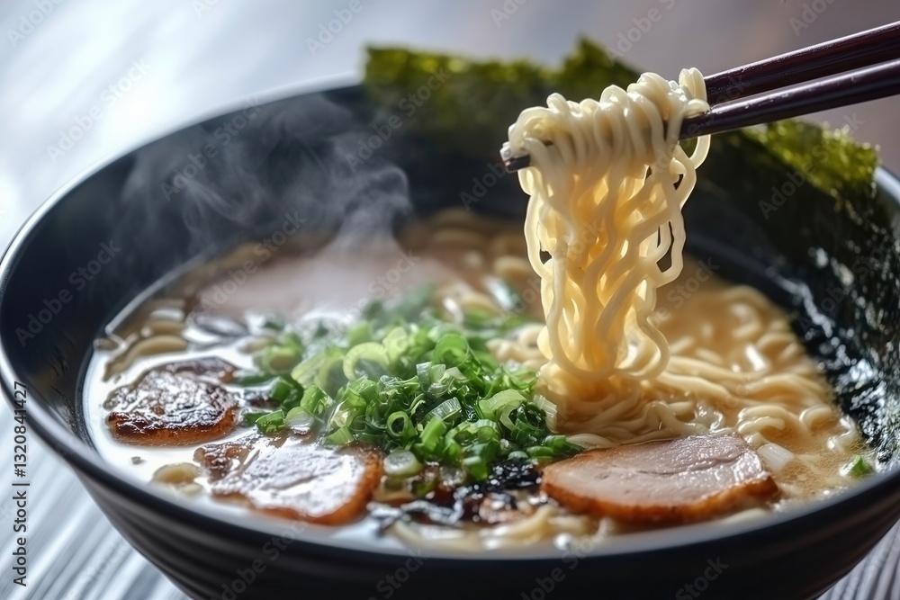 Poster steaming bowl of ramen with pork and green onions enjoyed with chopsticks in a cozy dining setting