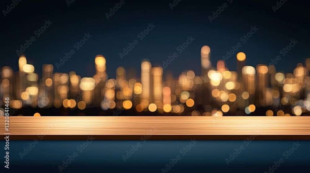 Poster dramatic nighttime abstract background concept. a blurred city skyline with a wooden tabletop in the