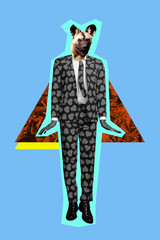 Poster photo vertical collage of anonym man instead head hyena mask wear heart suit valentine day...