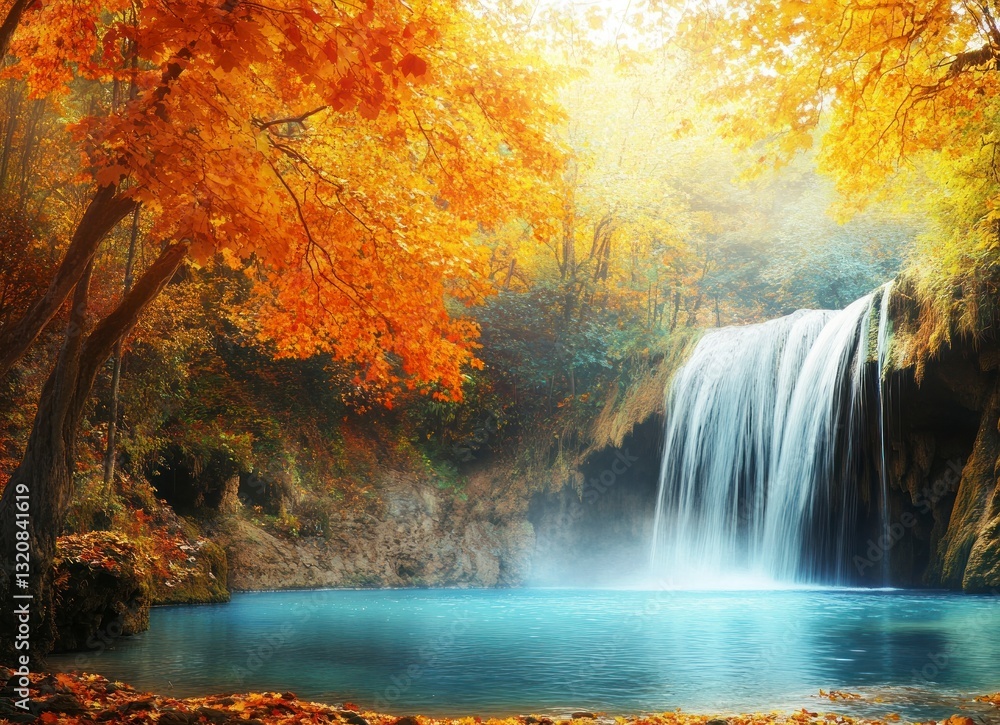 Poster cascading waterfall in autumn forest with vibrant trees and turquoise pool