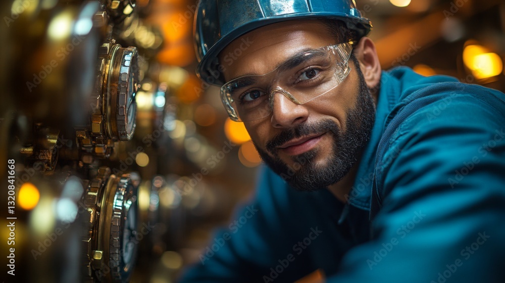 Poster a technician wearing safety gear performs maintenance on complex machinery at a petrochemical refine