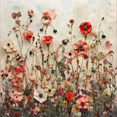  Artistic Floral Painting with Textured Wildflowers. A detailed artistic painting of delicate wildflowers with a textured surface, evoking a dreamy and nostalgic feel.