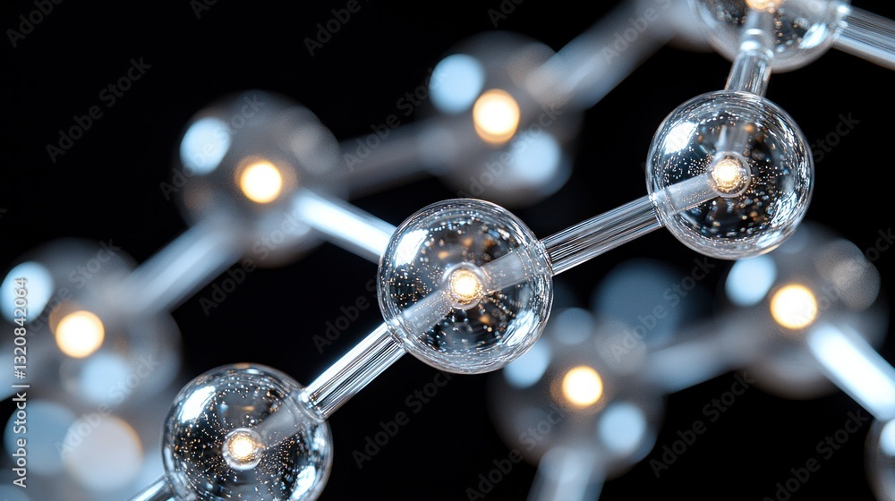 Poster detailed view of a molecular structure. clear spheres connected by translucent rods, lit from within
