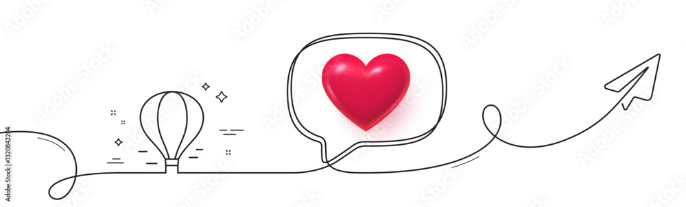 Poster air balloon line icon. continuous line with share plane. flight transport with basket sign. amusemen