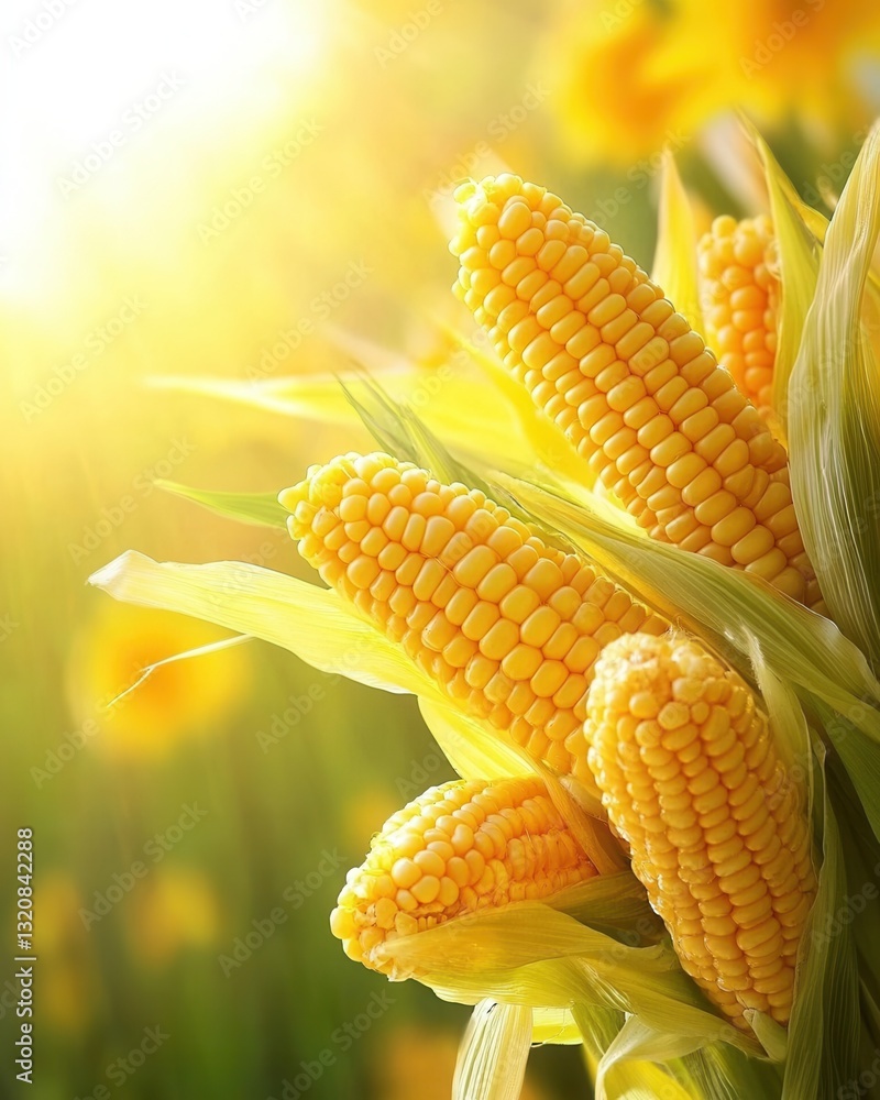 Poster vibrant corn cobs with golden kernels and textured husks basking in warm sunlight on a summer day