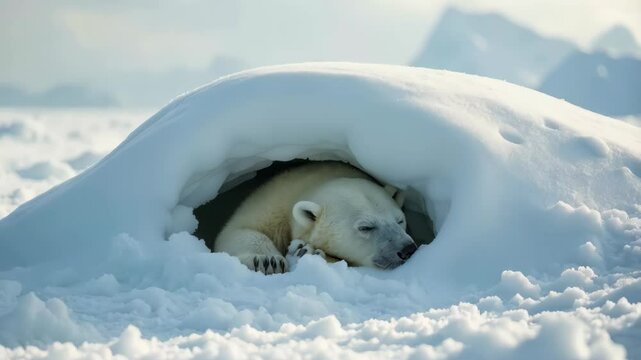 Zoo polar bear resting in its snow-covered den in a serene Arctic landscape