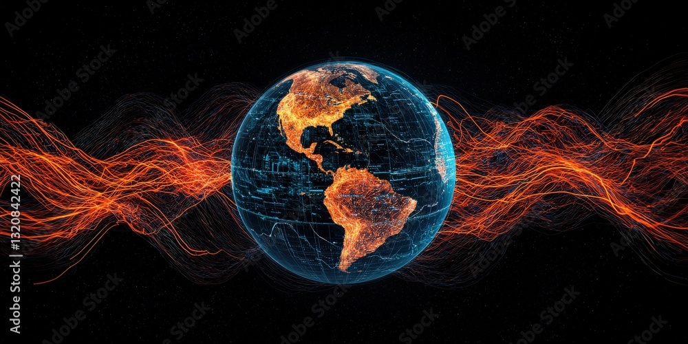 Poster impact global growth progress concept. visual of a digital globe with fiery energy waves surrounding