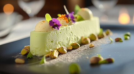 ourmet Pistachio Dessert on Plate. Elegant green pistachio mousse dessert garnished with flowers and nuts on a black plate.