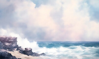 Obraz premium Serene seascape with waves crashing against rocky shore under a cloudy sky.