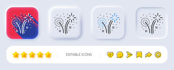 Naklejka premium Fireworks line icon. Neumorphic, Flat shadow, 3d buttons. Pyrotechnic salute sign. Carnival celebration lights symbol. Line fireworks icon. Social media icons. Vector