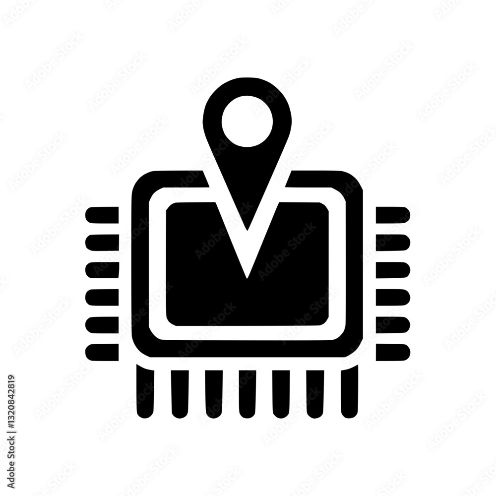 Poster silhouette microchip icon with location pin on transparent background