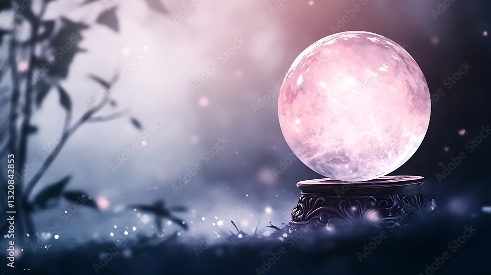 Poster mystical orb surrounded by soft light and foliage, creating an enchanting atmosphere.