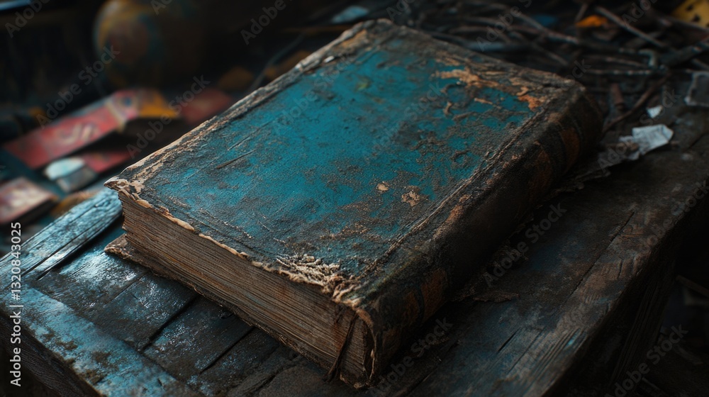 Poster a worn-out book resting on a rustic wooden surface, ideal for use in historical or nostalgic setting