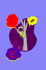 Vertical art trend collage of hands show okay gesture warning exclamation mark question bubble...