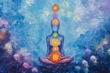 Visual Representation of Chakras Glowing Within a Transparent Body in a Serene Environment