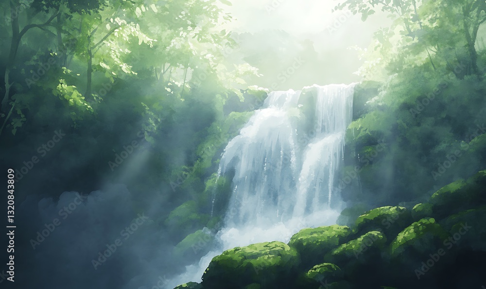 Poster Lush waterfall cascading through a verdant forest under soft, diffused light.