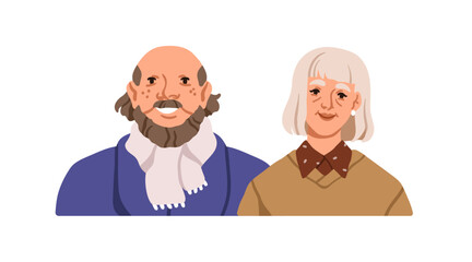 Senior couple portrait. Happy elderly man and woman with gray hair. Retired, old aged spouses. Older family, male and female smiling together. Flat vector illustration isolated on white background