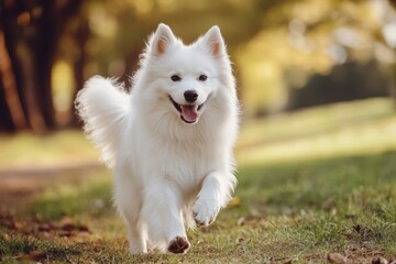 An active, energetic dog running in a park with a shiny fur , vitality, health and proper nutrition