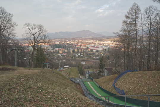 Ski jumping hill and Frenstat pod Radhostem town in Czech republic