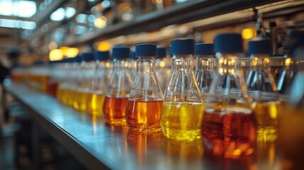 In a bustling manufacturing facility, automated systems transport glass bottles filled with vibrant liquids.