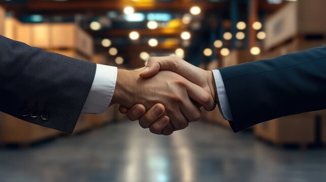 Business professionals shaking hands in a warehouse environment, signifying partnership and agreement