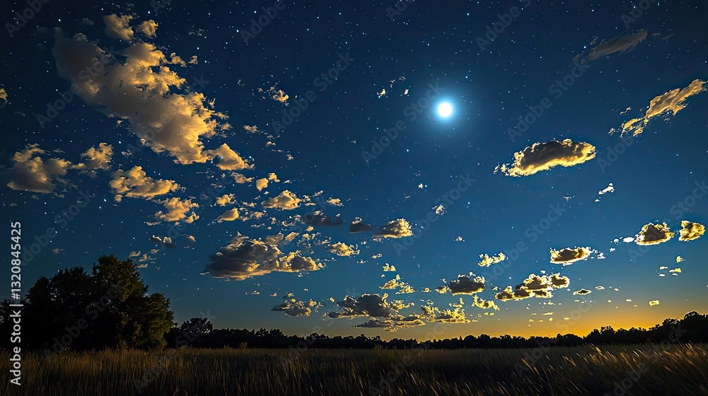 Aufkleber dramatic nighttime abstract background concept. serene night sky with clouds and a bright moon illum