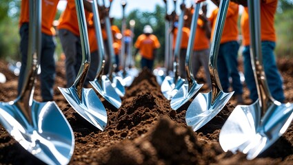 Groundbreaking Ceremony: Gleaming shovels pierce the earth as a construction team celebrates the beginning of a new project, symbolizing new beginnings and future progress.