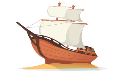 Wooden sailing ship with large sails stuck on a sandy beach, isolated on white background. Concept of adventure and maritime exploration. Vector illustration