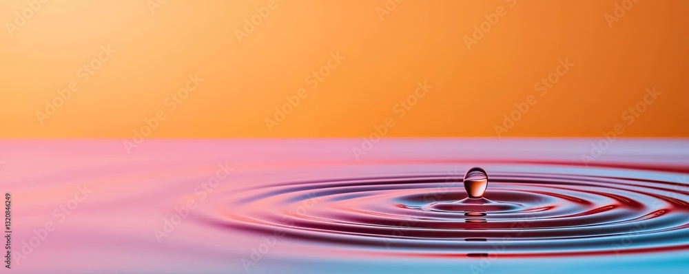 Poster abstract art background concept. a serene water drop creating ripples against a vibrant sunset backg