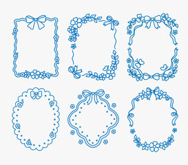 Set of frames with coquette blue bows, ribbons, flowers, leaves, lace, butterfly. Spring or summer trendy borders. Vintage whimsical background for greeting cards, wedding, invitations, social media