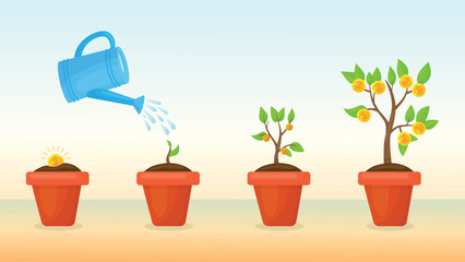 Money tree watering. Gold coin planting in pot of soil, coins bush growth. Financial, business development metaphor. Support and care, neoteric vector scene