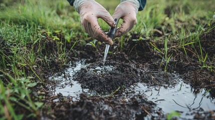 To ensure water quality, an environmental engineer in protective gear collects a sample from a sewage treatment plant for thorough testing and analysis