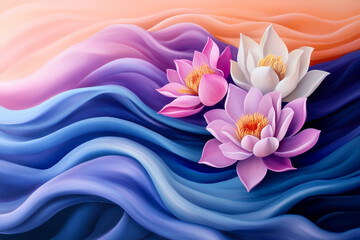 Golden Energy River Swirling Among Soft Pastel Lotus Flowers in Serene Harmony