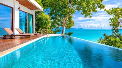 Fototapeta premium Luxury Infinity Pool Villa Ocean View - Luxury travel and vacation .