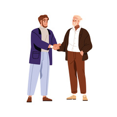 Business handshake. Senior and junior professionals shaking hands for deal, cooperation, collaboration. Elder and younger partners greeting. Flat vector illustration isolated on white background