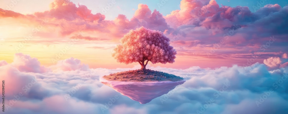 Aufkleber aerial landscape abstract background idea. a serene pink tree grows above the clouds in a tranquil s