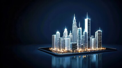3D cityscape model displayed on a tablet, with buildings glowing against a dark blue background, demonstrating AR construction and urban planning, Augmented reality in construction safety - Powered by Adobe