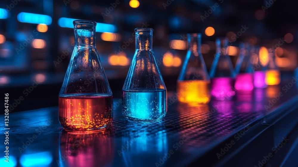 Leinwandbilder Brightly colored flasks are arranged on a surface in a state-of-the-art petrochemical refinery. The focus is on chemical synthesis and processing activities, showcasing advanced automation.