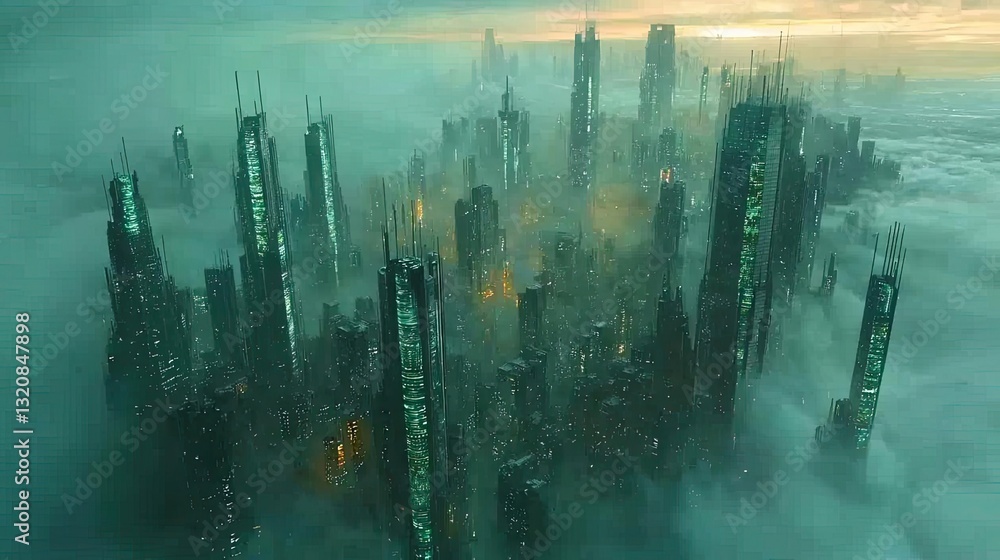 Poster aerial landscape abstract background idea. a futuristic cityscape shrouded in fog with towering skys