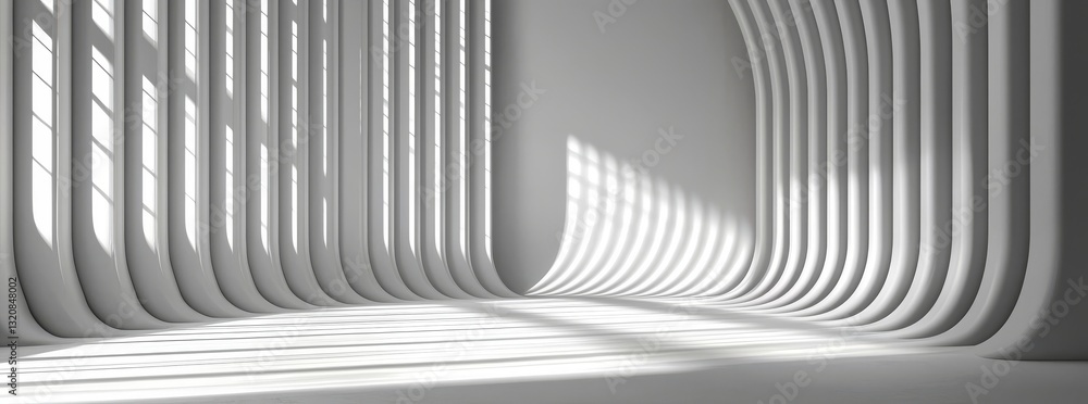 Poster futuristic and minimalist elements combine in the abstract architecture of a white room featuring a 