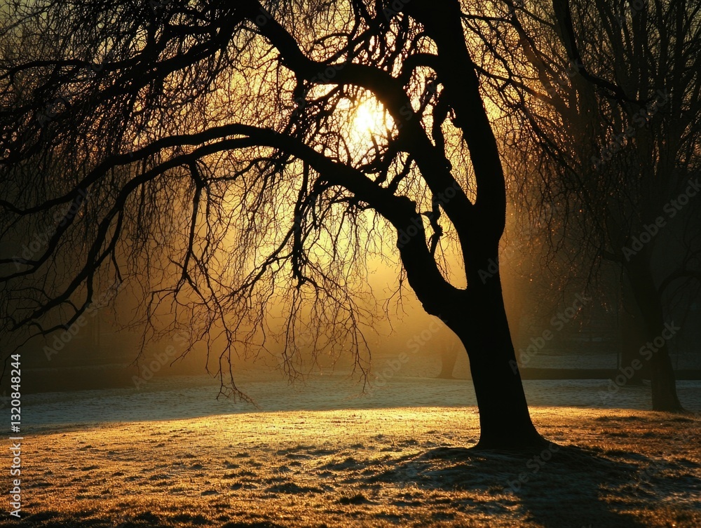 Poster a sunny day scene with tree branches lit up by the sun's rays