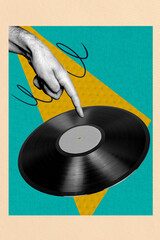 Poster photo vertical collage of hand show index finger cd disk meloman clubber playlist...