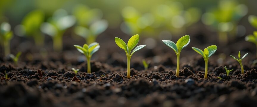 Fototapeta close-up of vibrant green seedlings sprouting from rich dark soil. perfect for illustrating growth, new beginnings, and environmental themes.