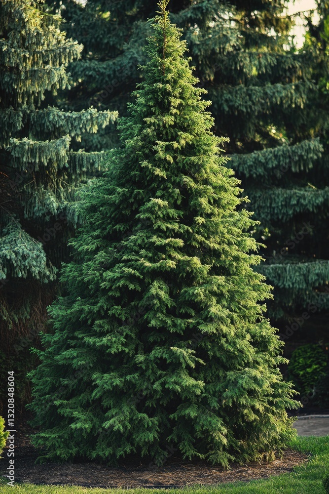Poster a single green tree stands in a park setting
