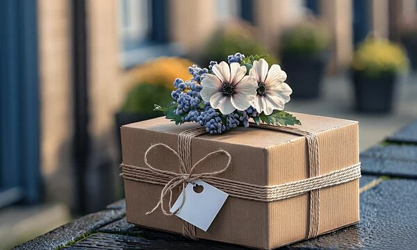 Gift box with flowers, outdoor setting, autumnal background, perfect for gifting occasions