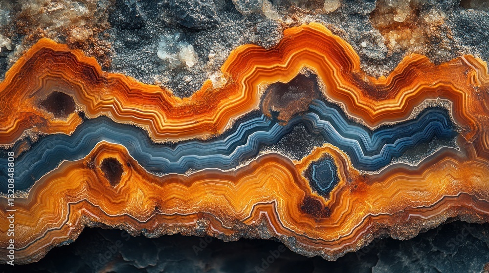 Poster intricate agate slice showcasing vibrant bands of orange, blue, and grey. detailed layers and patter