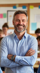 Obraz premium Confident male teacher smiling in a busy classroom