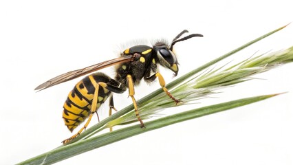 Wasp on blade of grass: A striking macro shot of a wasp perched delicately on a blade of grass, showcasing the intricate details of its body.