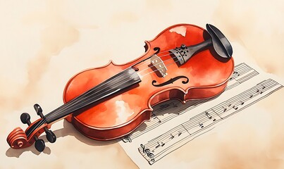 Fototapeta premium A violin resting on sheet music, showcasing artistry and musical elegance.