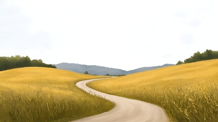 Obraz premium Winding road through golden fields and distant mountains under a light sky.